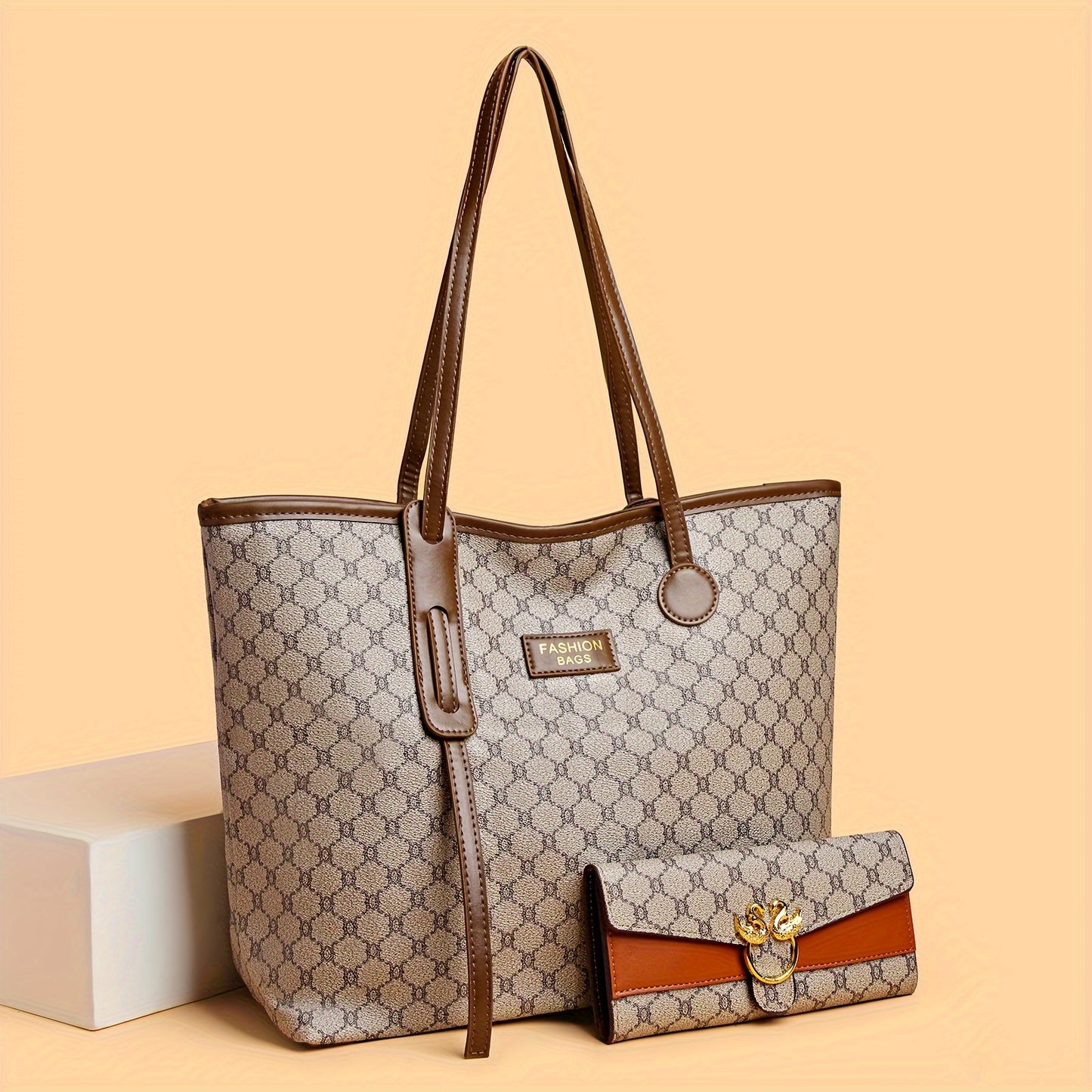 Sac fourre-tout femme avec portefeuille, grande capacité, motif géométrique, fermeture éclair, polyester, marron