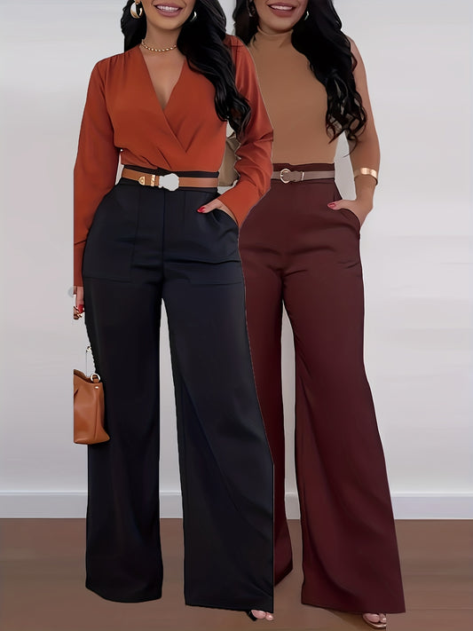 Lot de 2 Pantalons Femme Grande Taille – Cargo Élégants Jambe Large, Taille Haute, Sans Ceinture, Couleur Unie