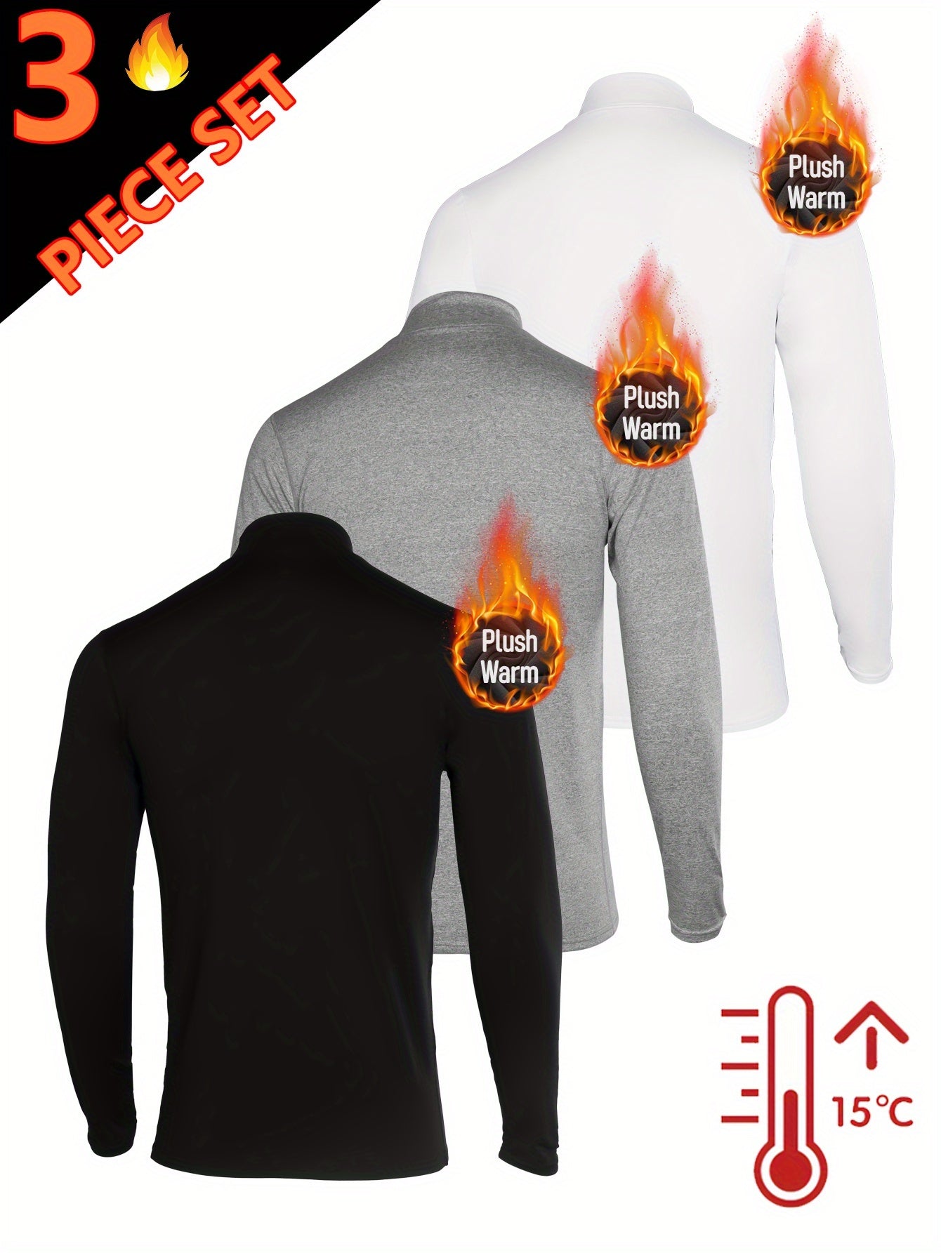 3pcs Sous-Vêtements Thermiques Homme – Col Montant Manches Longues
