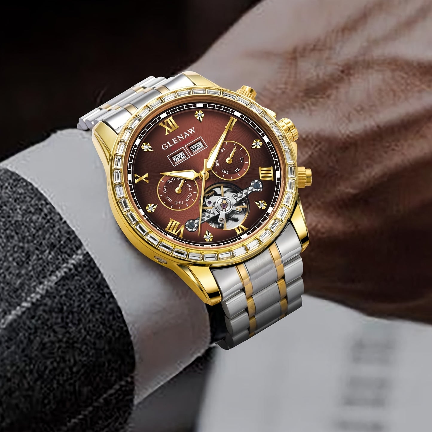 Men's Automatic Mechanical Watch, Rhinestone Case, Multi-function Perpetual Calendar Dial, Stainless Steel Strap, Year, Month, Day and Week Display, Automatic Mechanical Watch For Men, Mechanical Watches For Men High Quality,