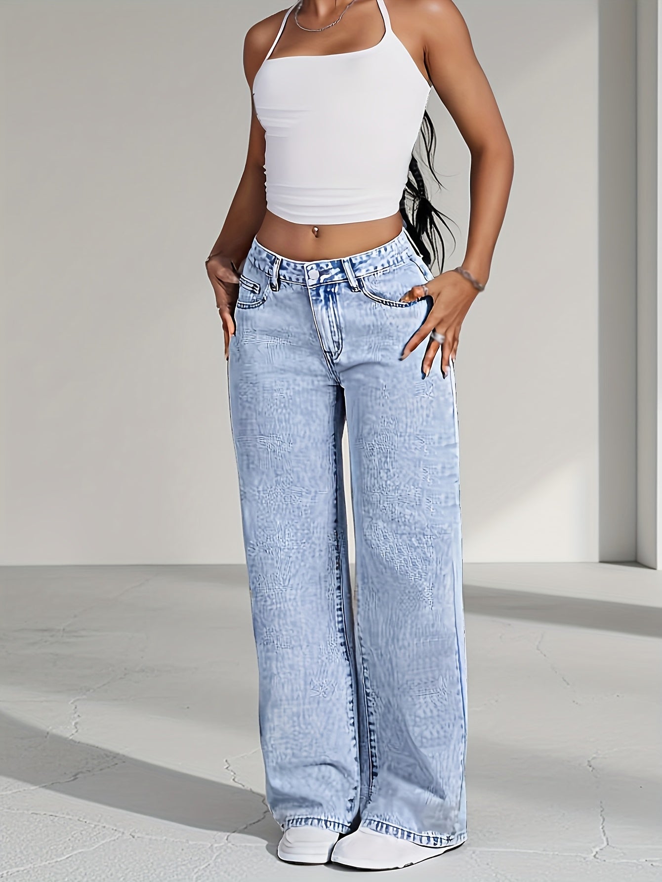 Jeans Femme Jambe Droite Snow-Wash Classique Bleu Gris Confortables Décontractés Toute Saison Flatteurs Élégants Automne Hiver