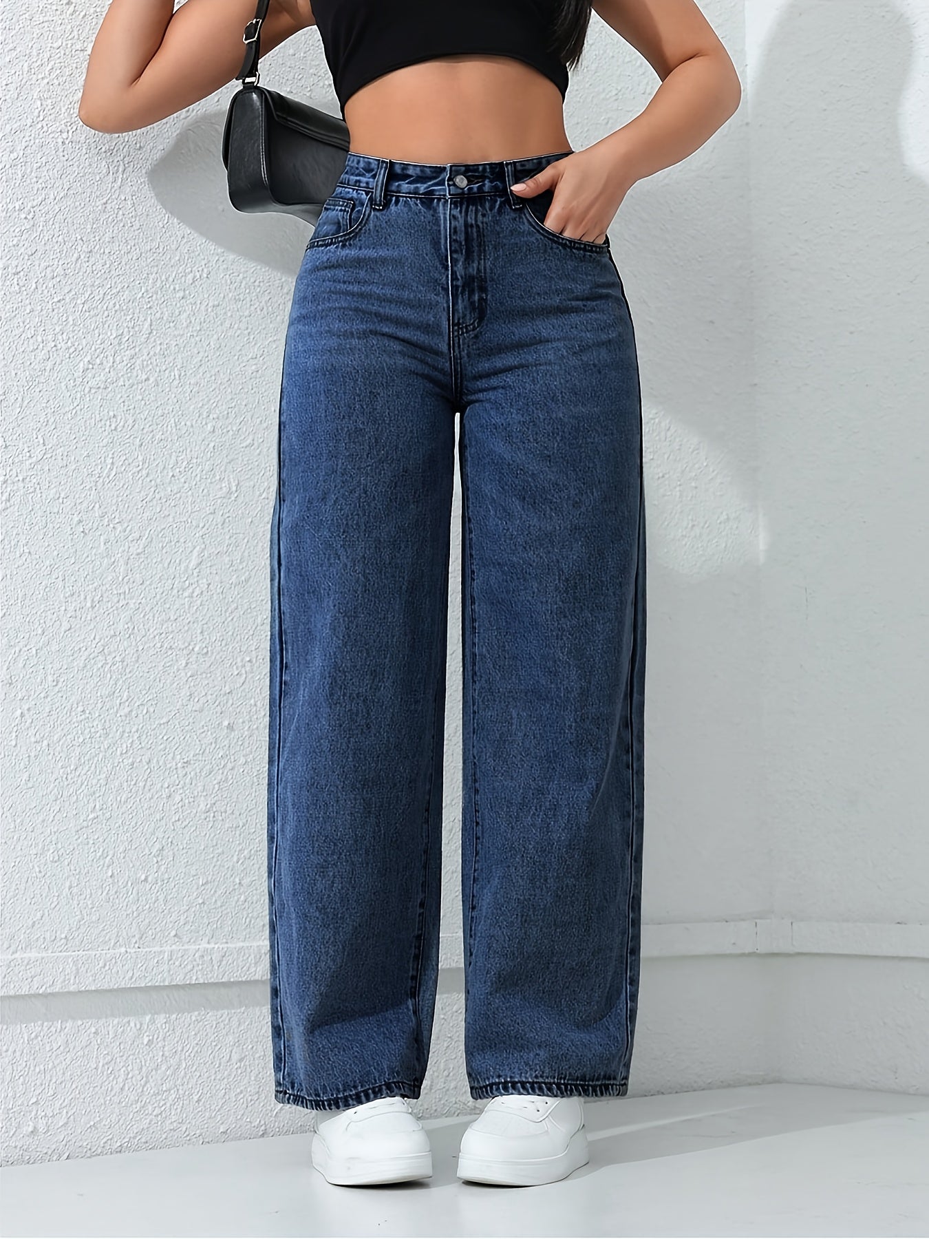 Jean ample à jambes droites pour femme avec poches, jean non extensible, jean taille haute style baggy, jean mom taille haute, jean à taille élastique