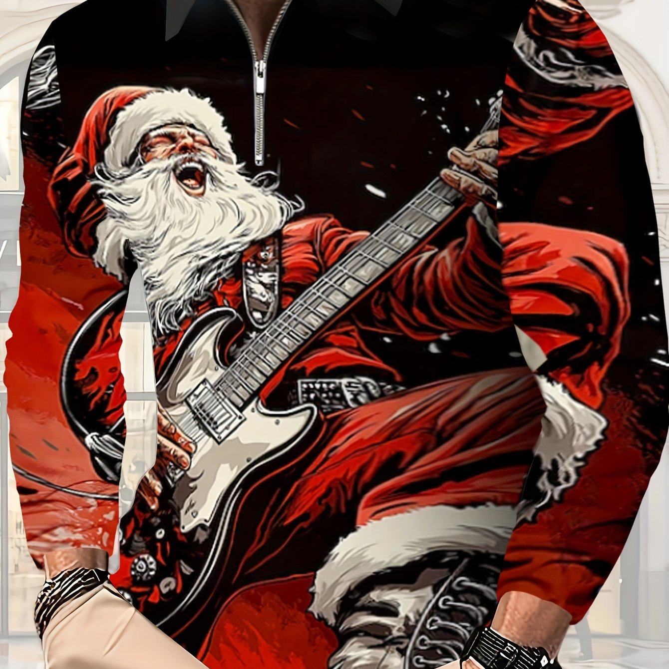 Men's Christmas Santa Rockstar Guitar Print Long Sleeve Knit Shirt - Black & Red Festive Holiday Party Wear, Machine Washable Polyester with Metal Chain Accents, Regular Fit for Autumn Winter Casual Gatherings, Christmas Outf