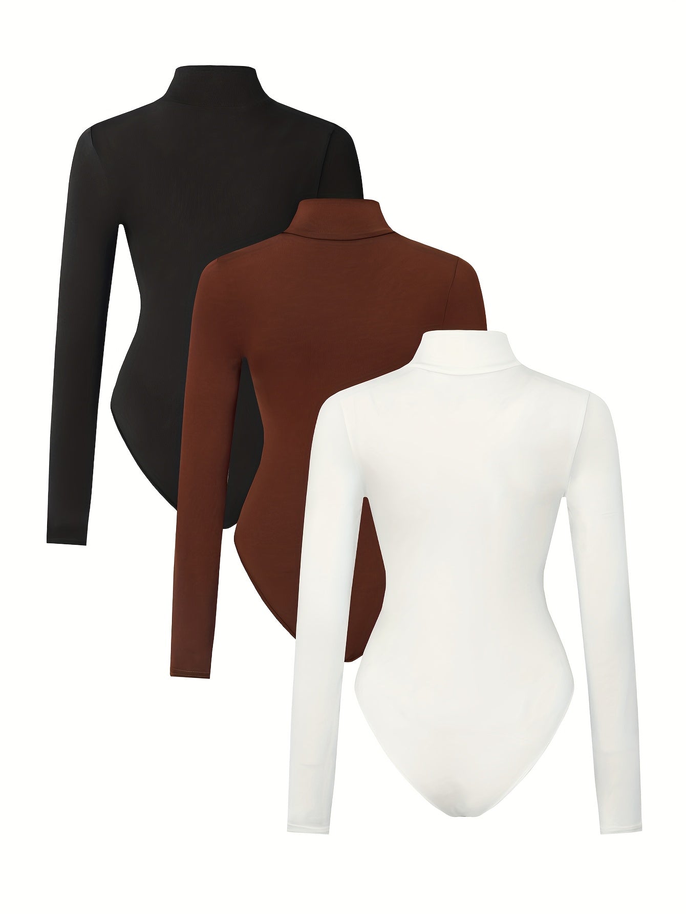 Lot de 3 hauts femme – col montant, manches longues, coupe slim, t-shirts extensibles semi-transparents, noir, marron et blanc, essentiels pour superposition casual, design minimaliste, confortables et polyvalents