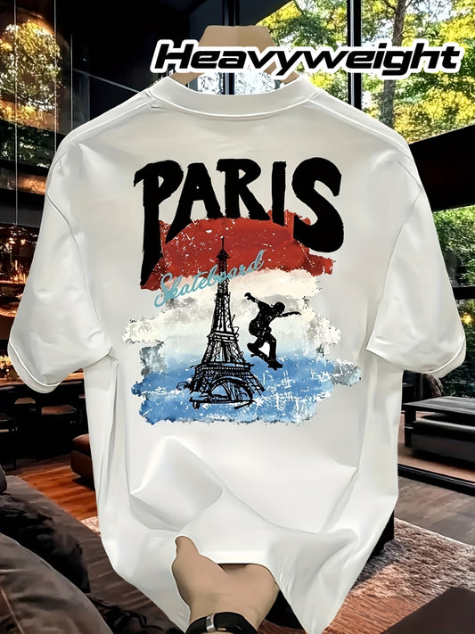 Men'S Heavyweight T-Shirt - Paris Skateboard Graphic, Loose Fit, Short Sleeve, Casual Summer Top with Eiffel Tower Design, Everyday Tshirt | Trendy Casualwear | Durable Fabri