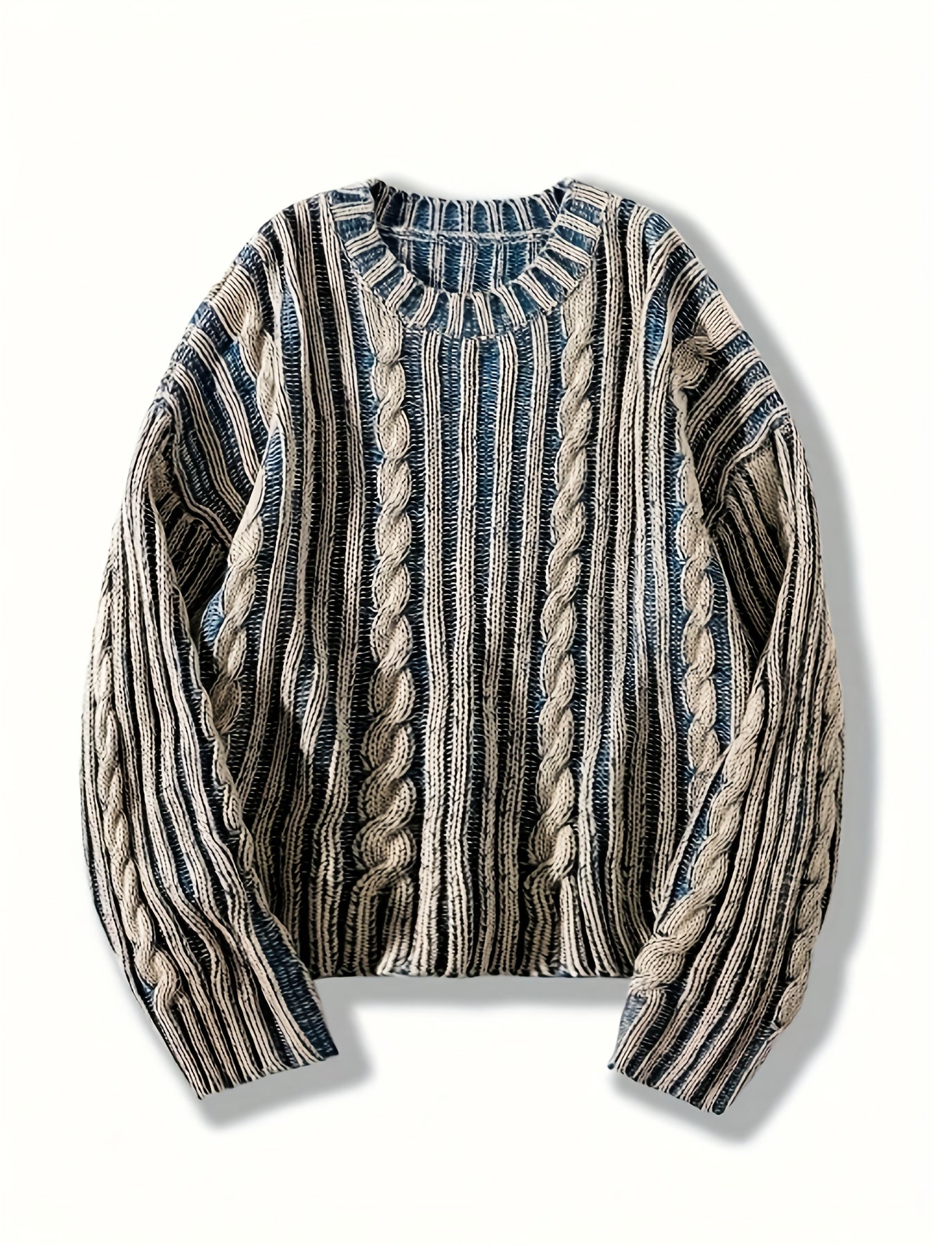 Men's Autumn Winter Casual Retro Color-Block Round Neck Sweater - Loose Fit Cable Knit Pullover with Blue & Beige Contrast, Hand Wash/Dry Clean, Knitted Sweater, Cozy Knitwear, Relaxed Fit Sweater, Comfortable Fabric