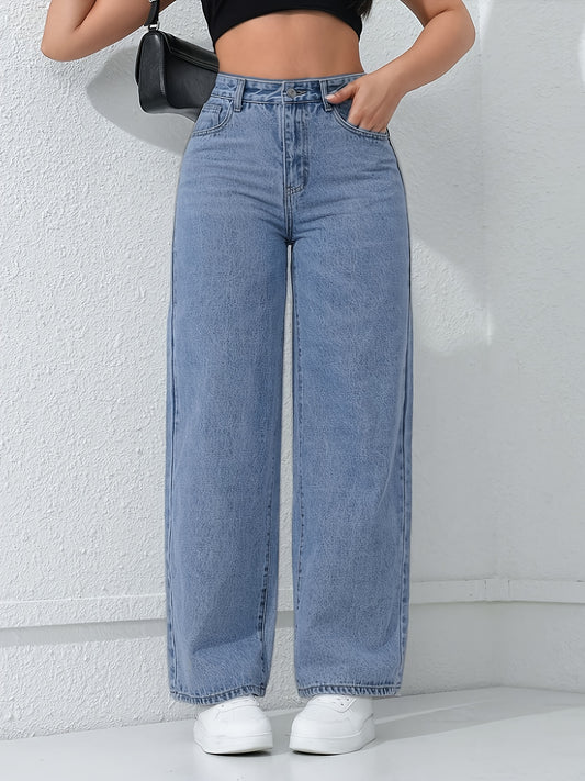 Jeans Femme Décontracté – Jambe Droite, Coupe Ample, Confort Toutes Saisons, Fermeture Boutons, Poches, Denim Bleu Clair, Idéal Sorties Week-end, Tissu Non Extensible, Coupe Relâchée