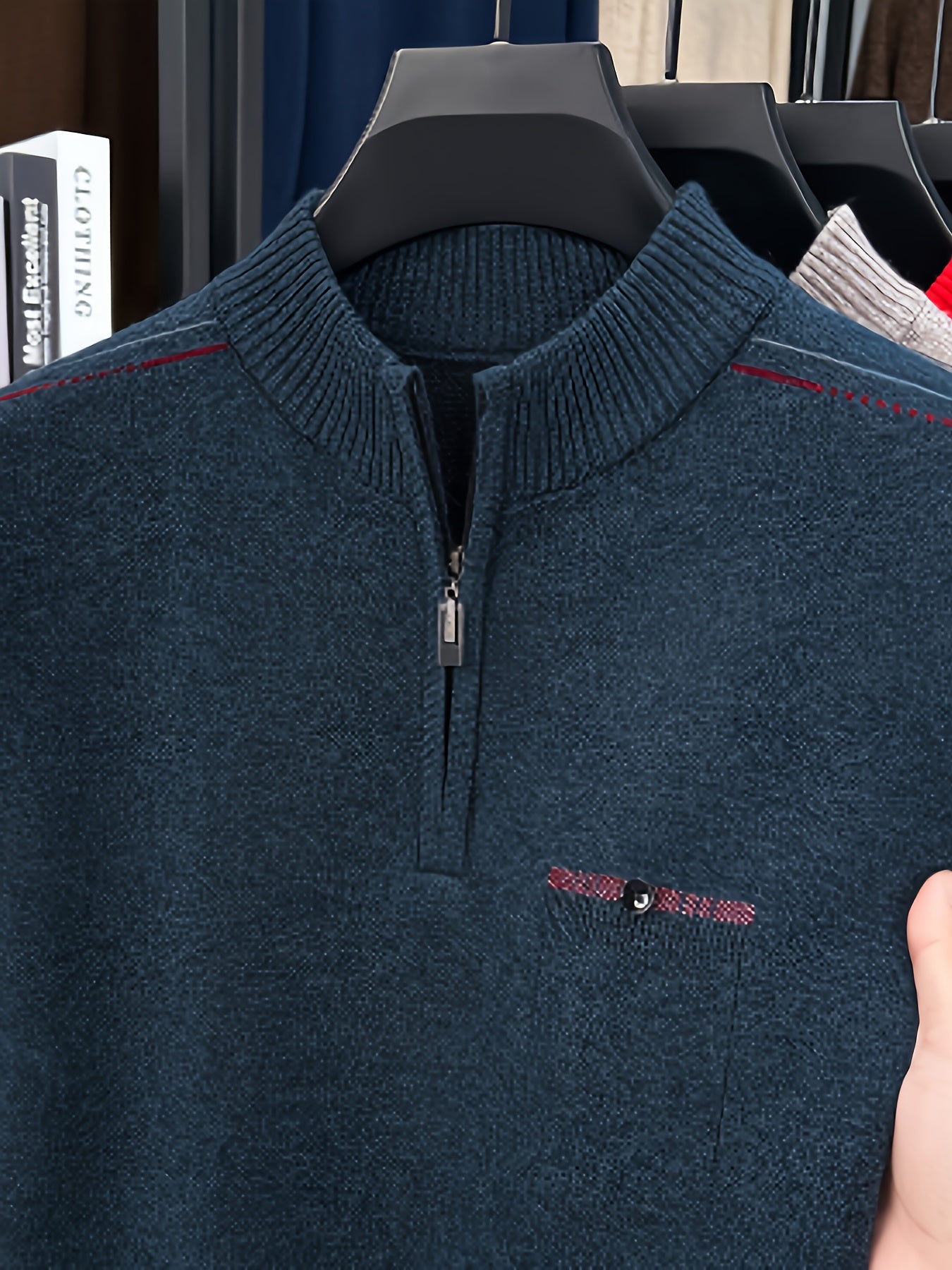 Men's Heavyweight Half-Zip Sweater - Stand Collar Zippered Winter Knit Sweater with Striped Collar & Back Logo, Dark Blue Casual Warm Pullover for Fall/Winter, Versatile Layering for Office & Casual Attire