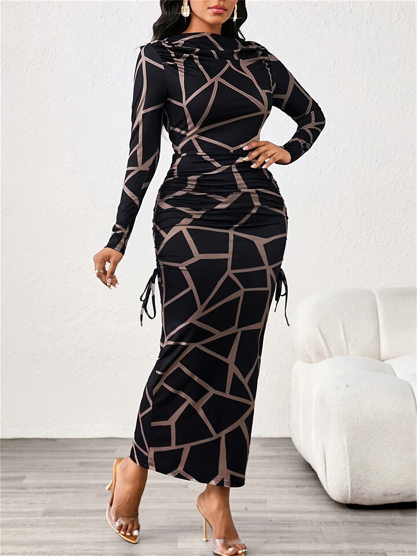 Women'S Elegant Formal Evening Gown - Long Sleeve Bodycon Dress with Geometric Print, Structured Fit & Tie-Front Closure, Floor-Length Party Wedding Guest Dress for, Prom, Gala - Spring/fall Formal Attire, Formal Dresses, Pro