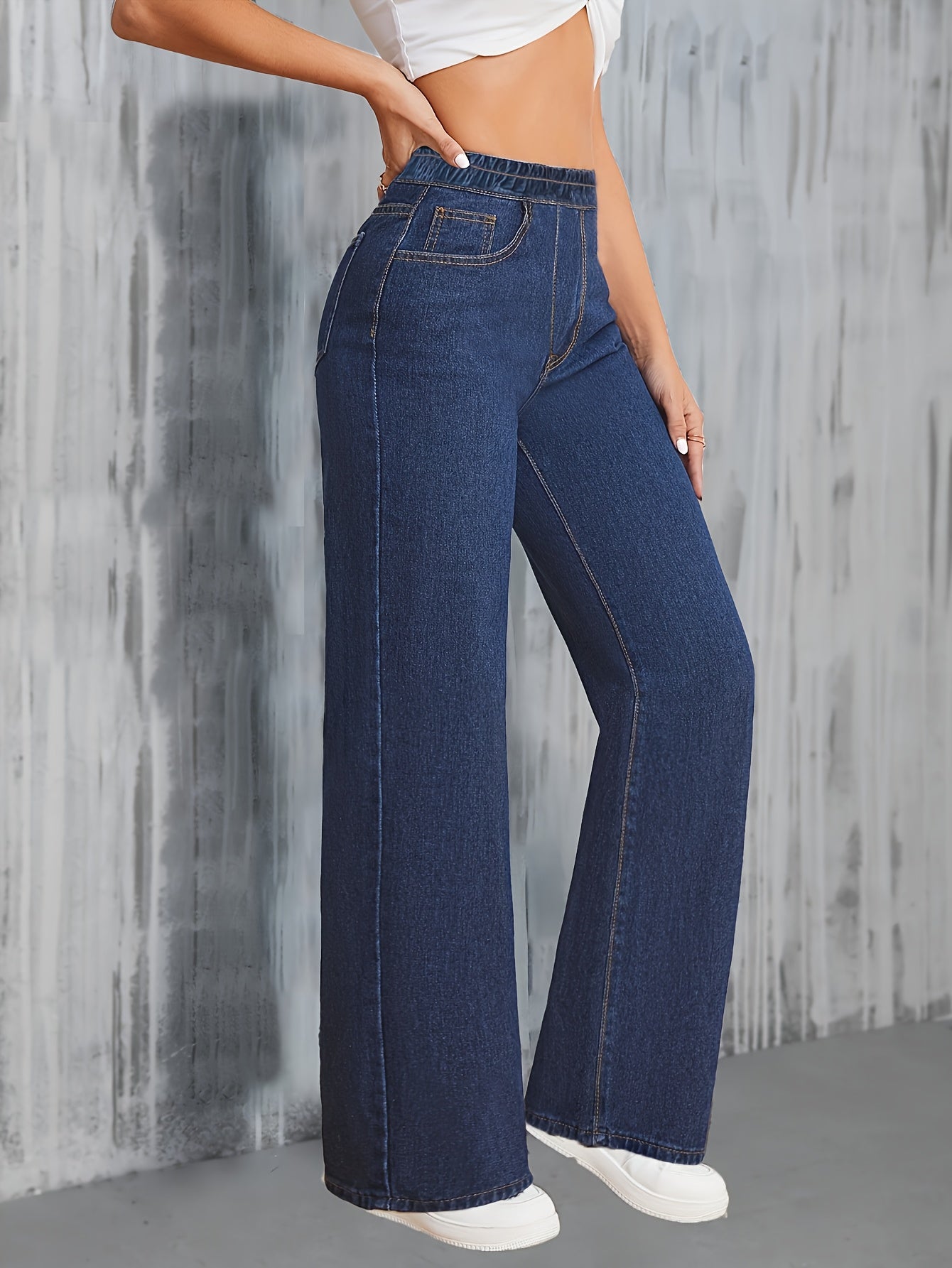 Jeans Femme Taille Haute – Jambe Droite Extensible, Bleu Effet Usé, Tous Saisons, Bureau et Décontracté