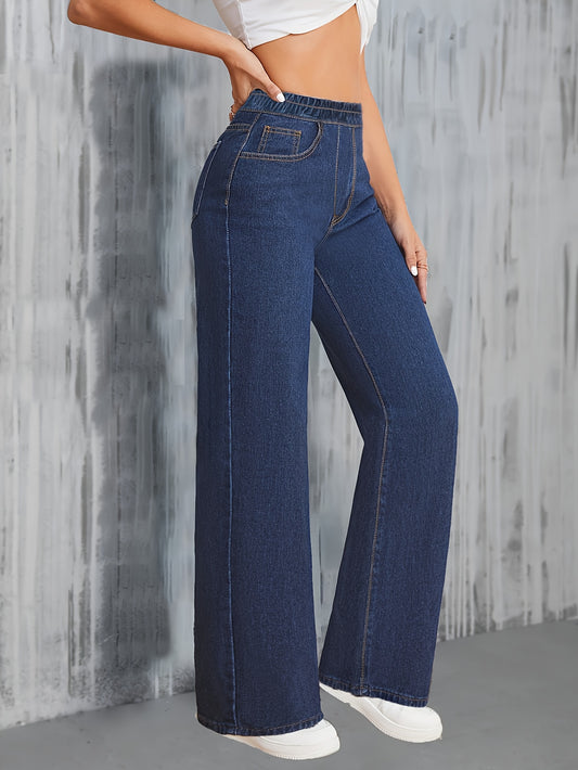 Jeans Femme Taille Haute – Jambe Droite Extensible, Bleu Effet Usé, Tous Saisons, Bureau et Décontracté