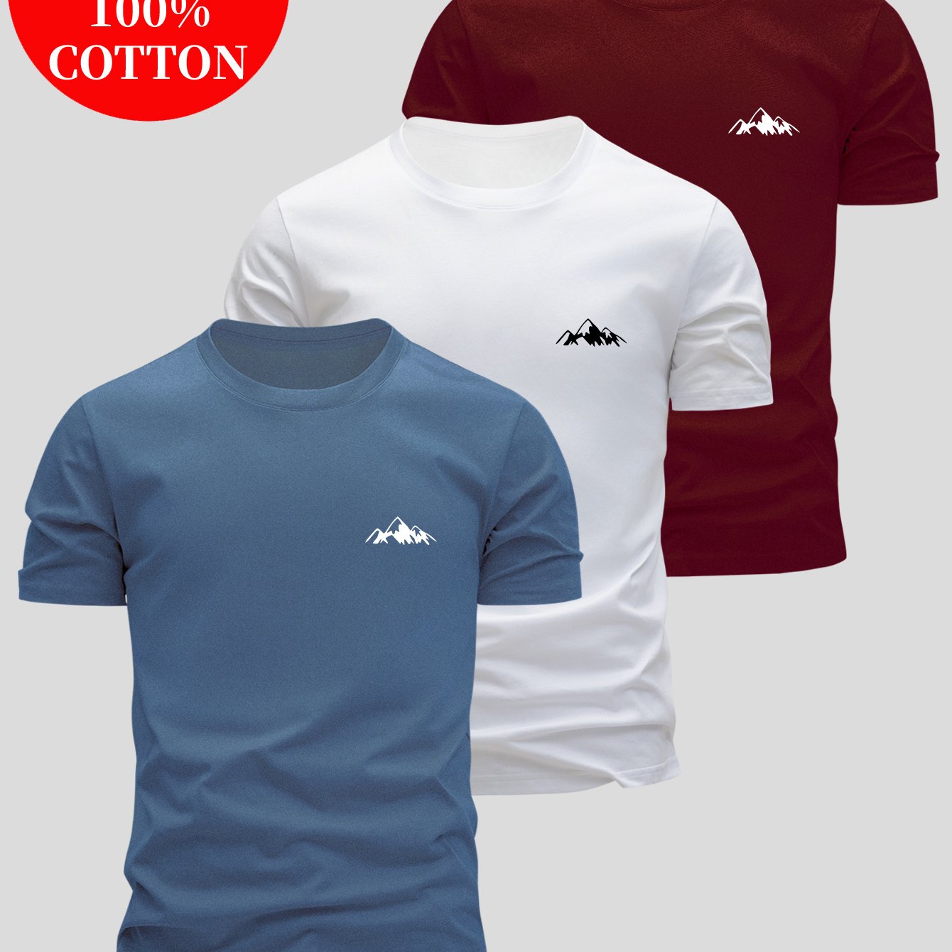 3pcs 's 100% Cotton T-Shirts Slim Fit Short Sleeve Crew Neck - White/Black/Navy Blue with Logo Print ( Grey Logo) - Soft Summer Casual Shirts, Breathable Casual Attire, Minimalist -Inspired Design for Layering & Outfits