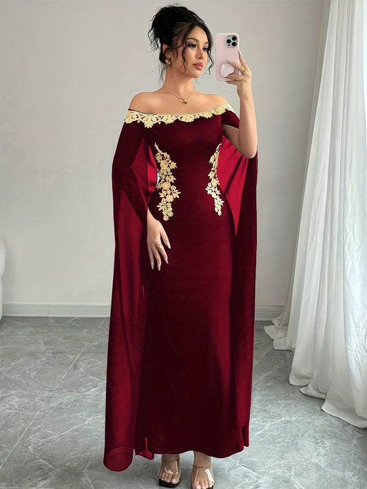 Sexy, Elegant and Versatile Daily Wear Golden Floral Embellished Off-Shoulder Sheer Cape Fitted Waist Golden Appliqué Long Mermaid Hem Bodycon Dress