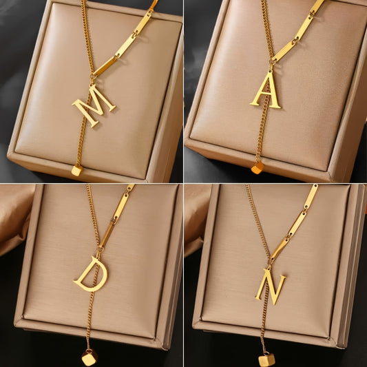 Collier femme tendance avec 26 lettres et pampille – acier inoxydable plaqué or 18K, pendentif en Y avec pampille, parfait pour usage quotidien et cadeau