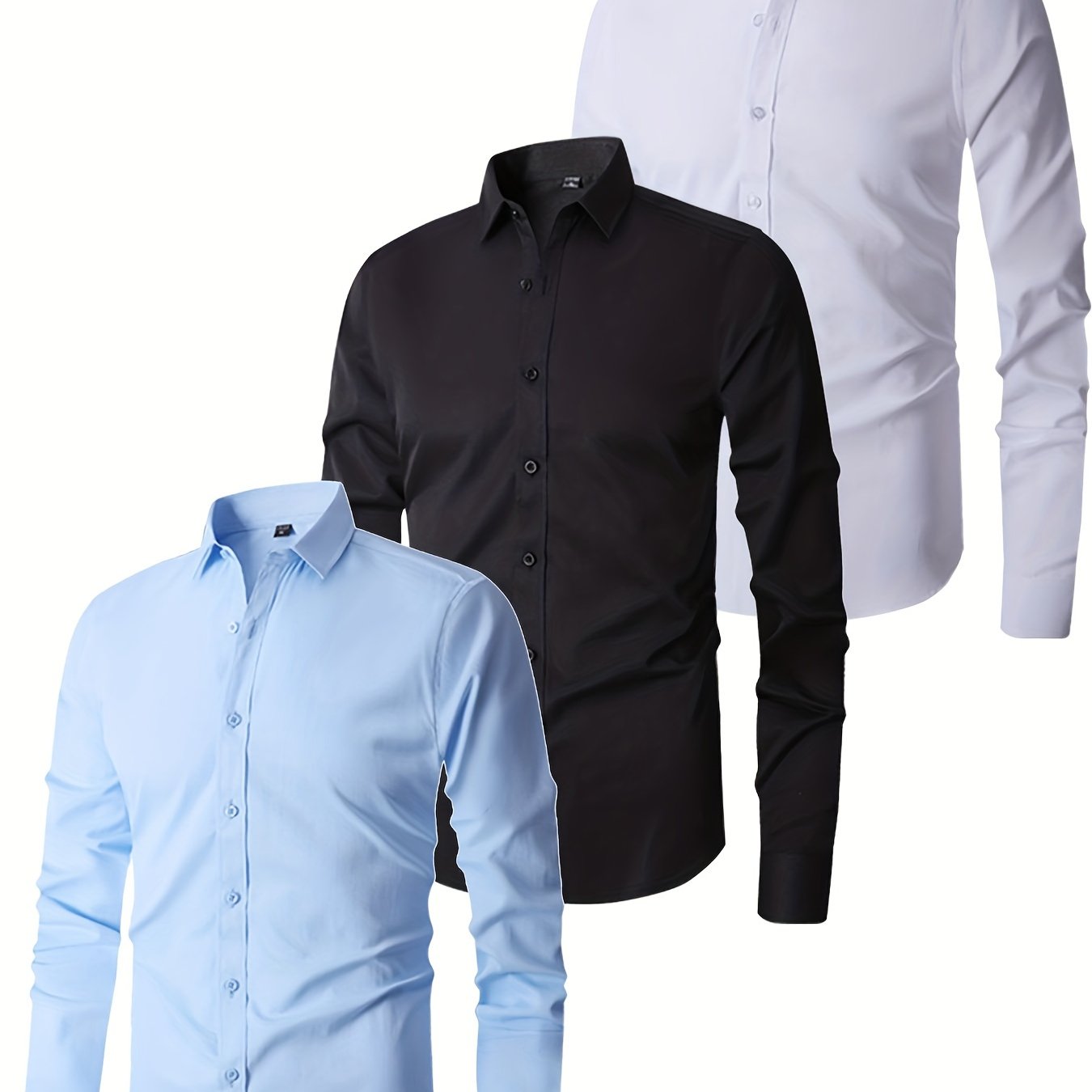 3pcs Men's Regular Fit Solid Color Business Long Sleeve Shirts, Thin All-Season Dress Shirts, Wrinkle-Free Wedding Shirts, Casual Office Wear, Graduation Formal Long Sleeve Shirts Set