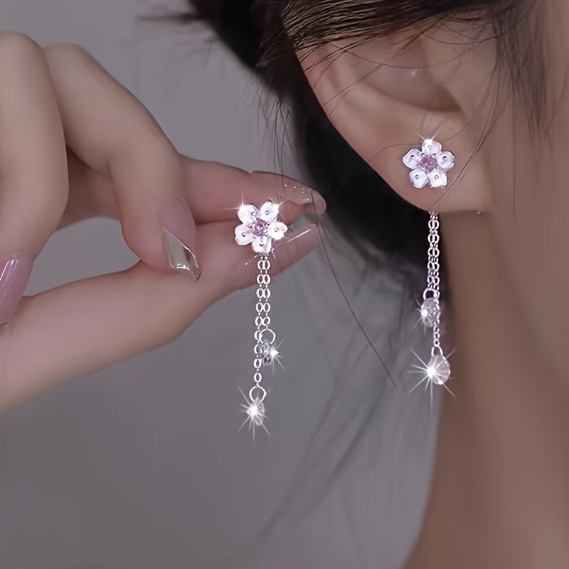 1 paire de boucles d’oreilles pour femmes, élégantes et classiques, motif fleur de cerisier avec pampilles, plaqué argent 925, idéal cadeau pour anniversaires, mariages, rentrée scolaire, Saint-Valentin, printemps/été.