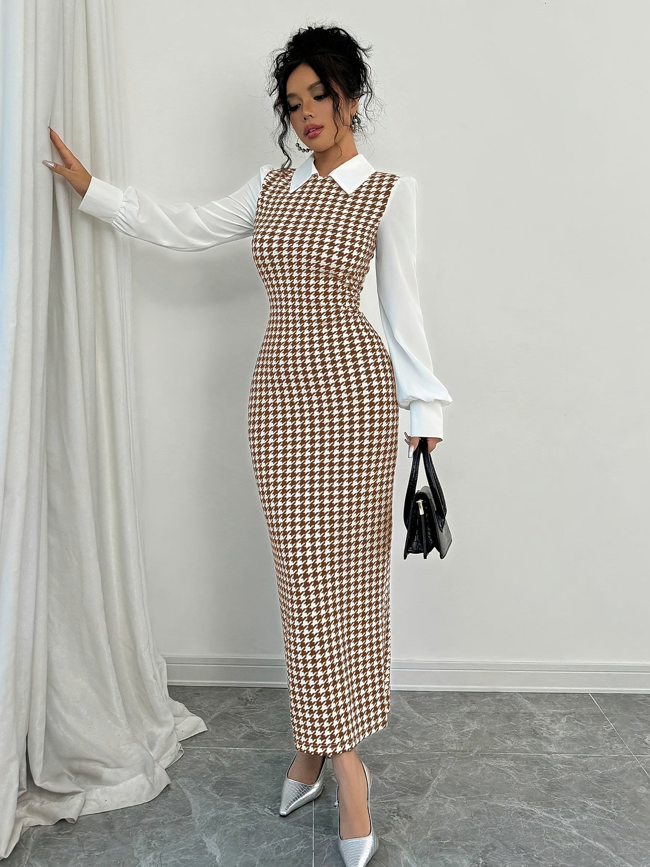 Ladies' Elegant Houndstooth Slim-Fit Lantern Sleeve Dress