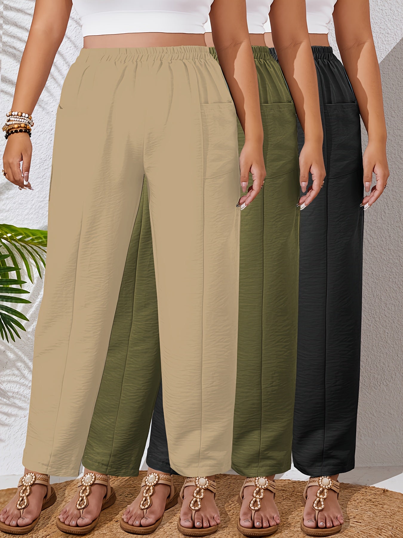 Lot de 3 Pantalons Femme Grande Taille – Taille Haute, Droits, Élastiques avec Poches, Couleur Unie, Tous Saisons