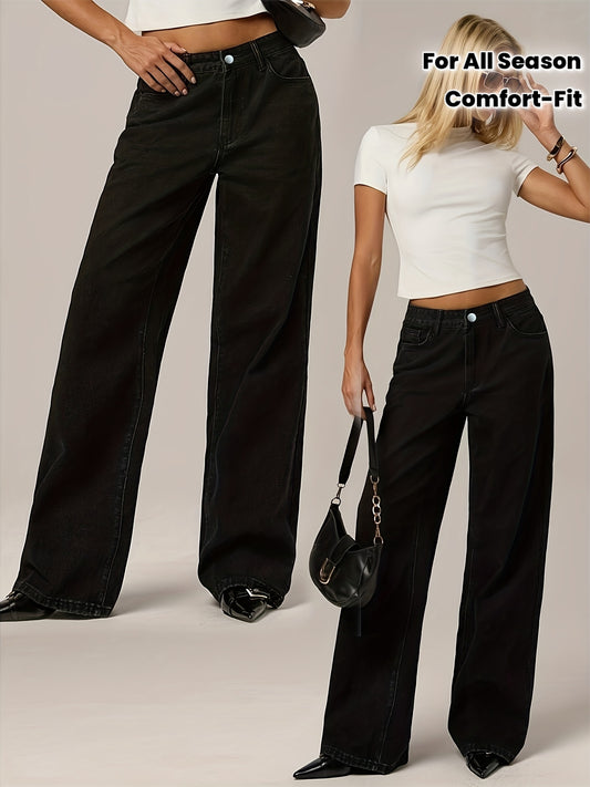 Pantalon Femme Denim Noir Extensible Taille Basse Jambe Droite Boutons Confort Toute Saison Polyvalent