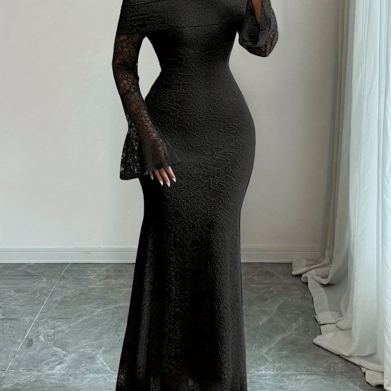 Elegant Off the Shoulder Long Dress with Contrast Lace Details | Women'S Sexy Bell Sleeves and Pendulum Style, Solid Color, Suitable for All Seasons