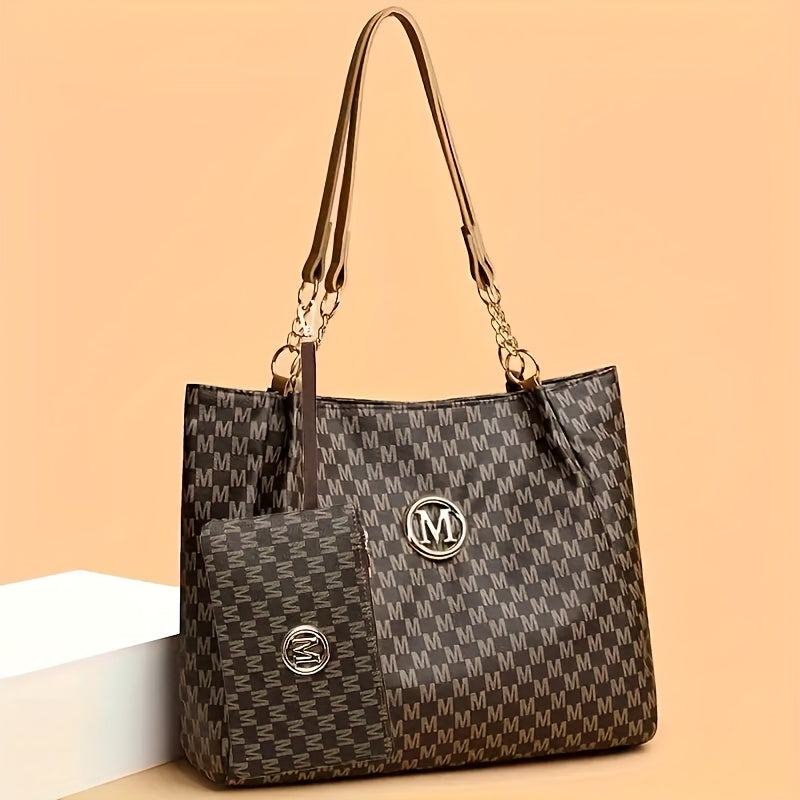 Ensemble 2pcs sac cabas femme à motif floral vintage – grande capacité avec bandoulière chaîne et petite pochette. Idéal pour le quotidien et les voyages.