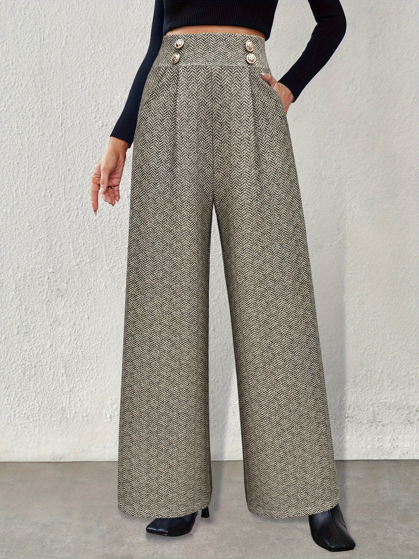 Pantalon Femme Élégant Taille Haute – Jambe Large, Motif Pied-de-Poule, Double Boutonnage, Beige et Noir, Bureau et Décontracté