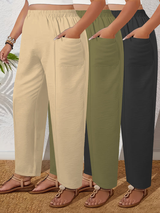 Lot de 3 Pantalons Femme Grande Taille – Taille Haute, Droits, Élastiques avec Poches, Couleur Unie, Tous Saisons