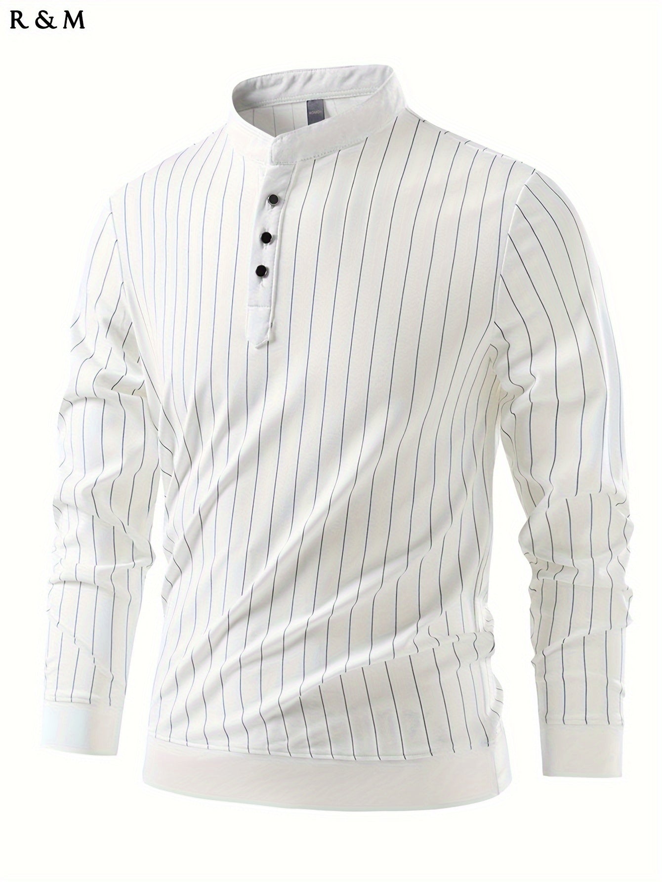 Mens Slimming Vertical Striped Long Sleeve T-Shirt - Light Business Style, Stand Collar, Four-Season Comfort, Regular Fit, Black with Dark Stripes, Hand Wash Only, Casual Wear, Elegant Pullover, Durable Casual Wear