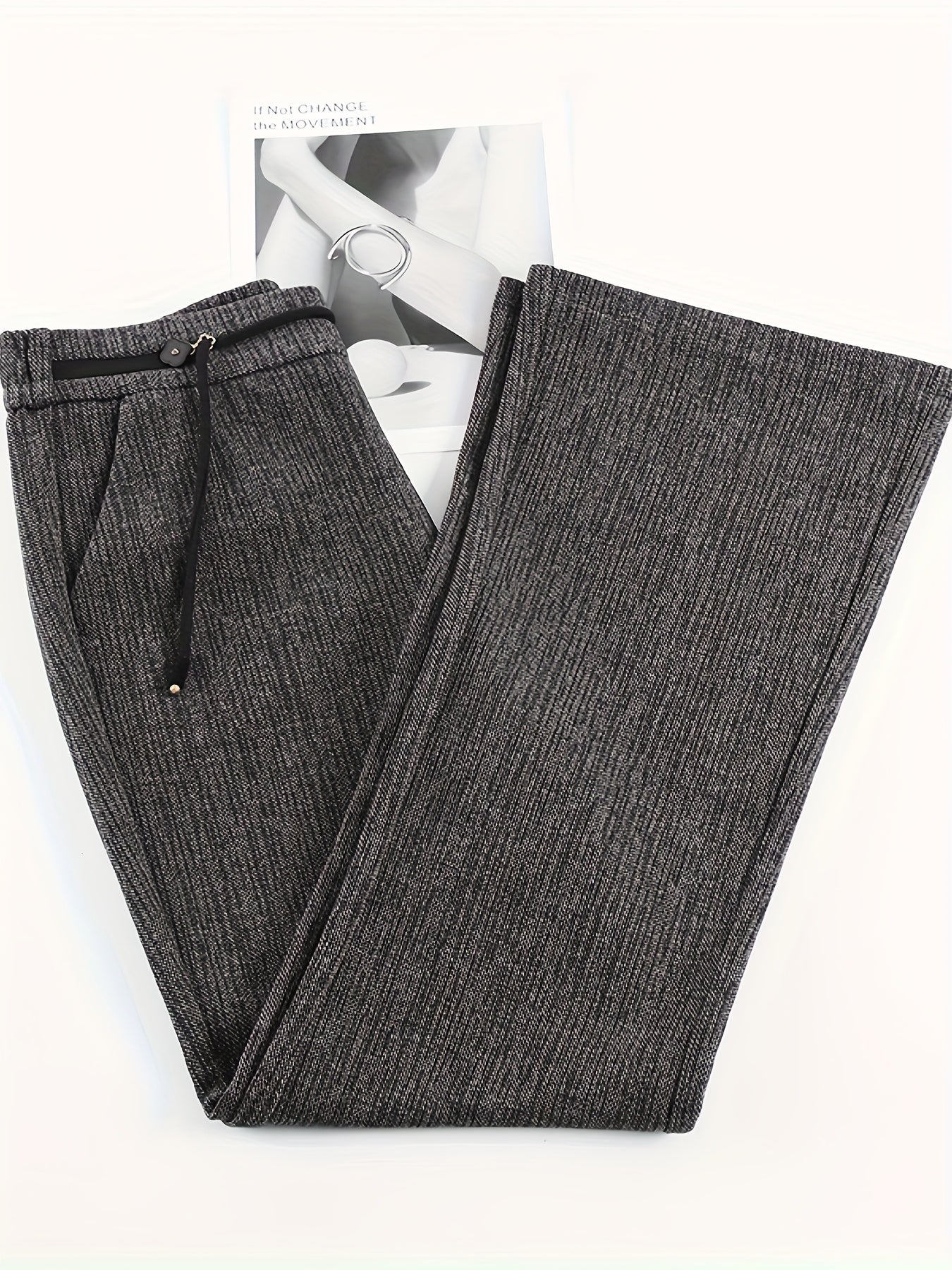 Pantalon Femme Taille Haute Évasé – Gris Côtelé, Boutons Zippés, Confortable et Polyvalent, Printemps/Automne