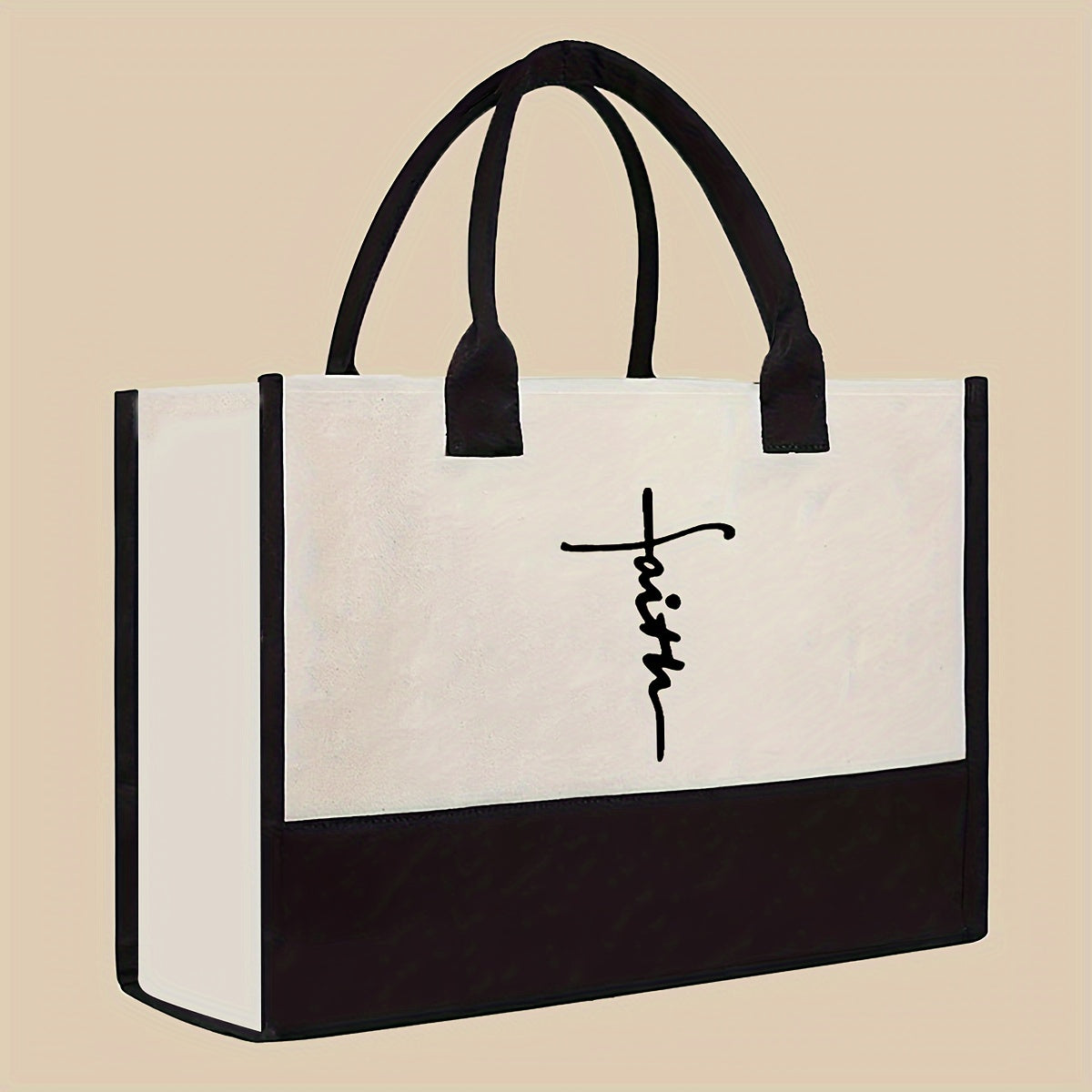Sac Cabas « Faith » Grande Capacité – Toile Durable, Design Bicolore (Noir/Blanc), Intérieur Spacieux, Bandoulières Fixes, Idéal pour Shopping, Voyages et Cadeaux | Sac Noir Élégant | Poignées Solides