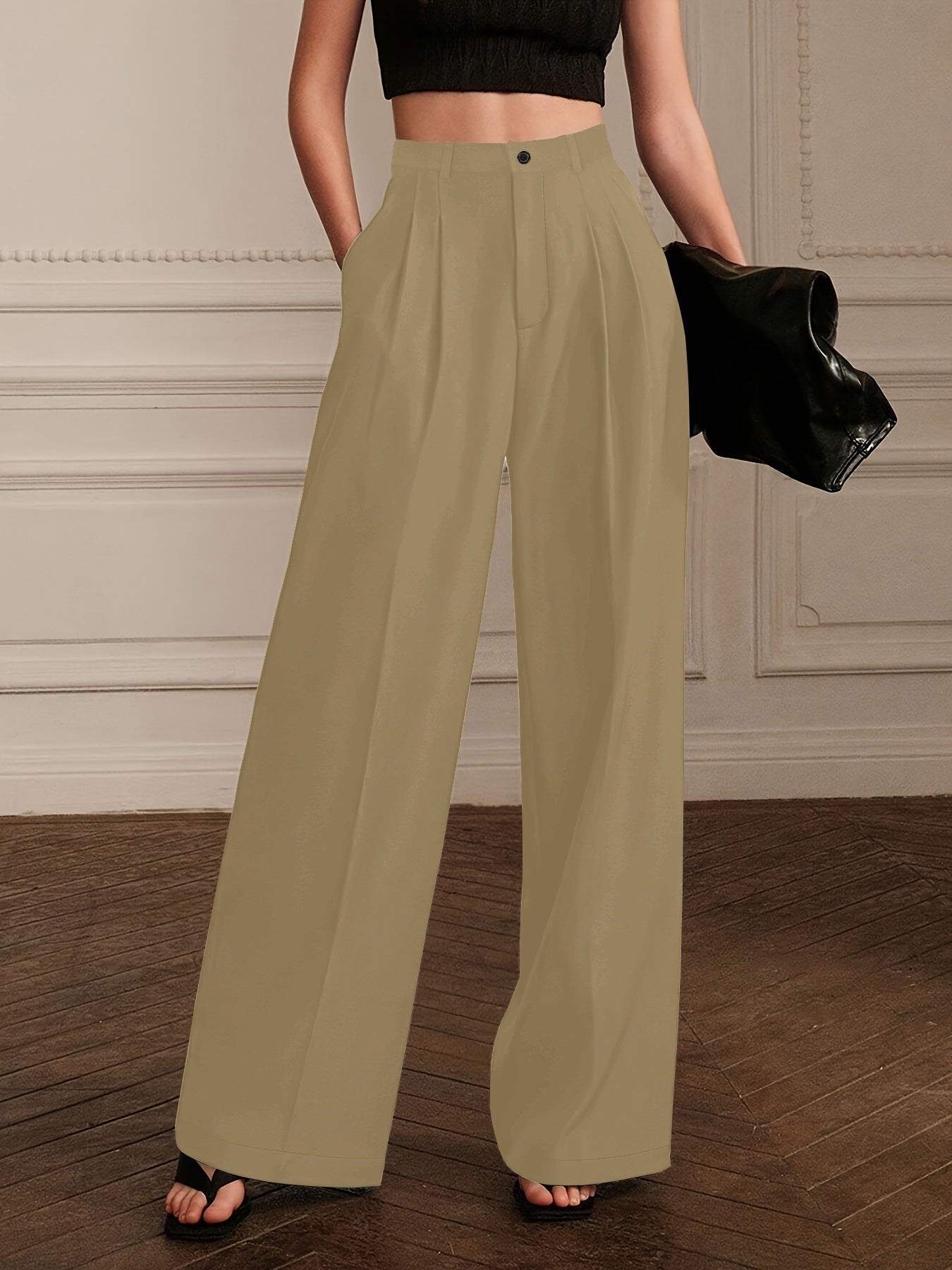 Pantalon Femme Taille Haute – Jambe Droite Noire, Poches Obliques, Bureau et Décontracté