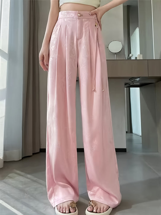 Pantalon Femme Élégant Jambe Large – Noir Uni avec Imprimé Nuages Chinois Blancs, Ourlet Asymétrique, Bureau et Événements Formels, Inspiré Asiatique