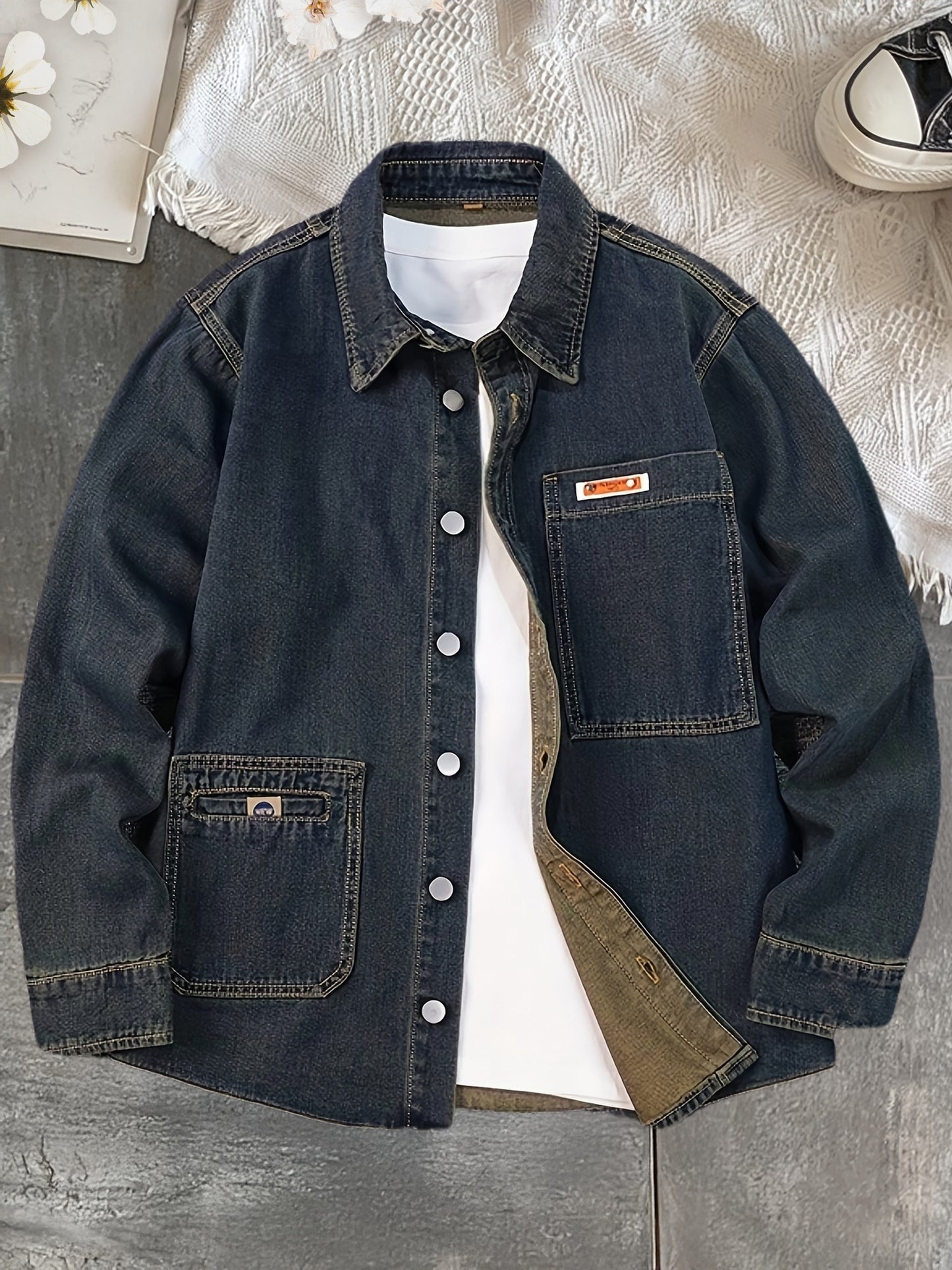 Men's Plus Size Loose Fit Non-Stretch Denim Shirt - Asymmetrical Chest Pockets, Classic Collar Long Sleeve Casual & Evening Shirt for Spring/Fall, Machine Washable, Durable Fabric, Fall Outfit, Stylish Menswear, Sturdy