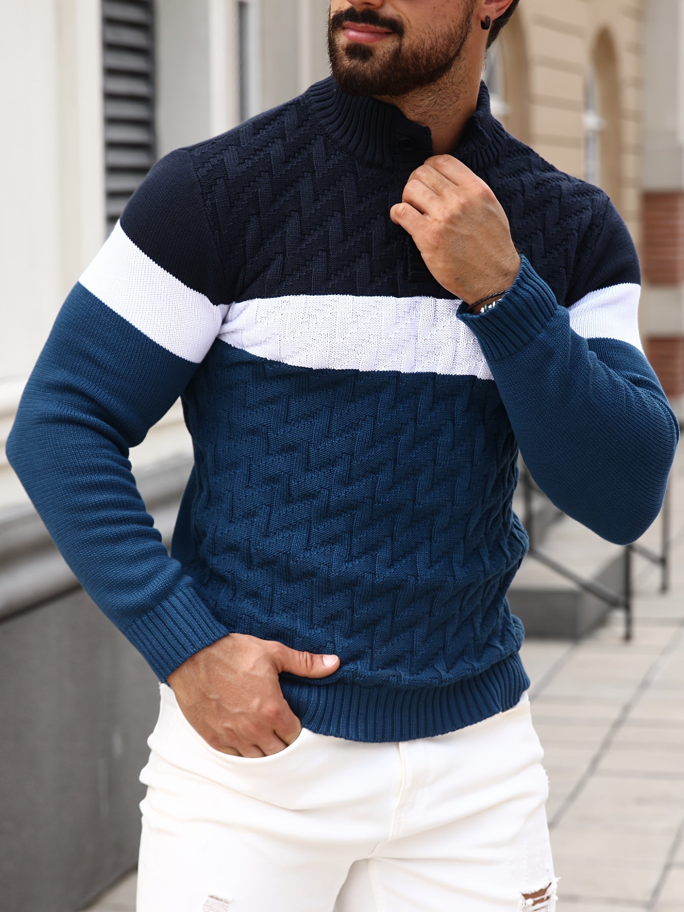 Men'S Casual Stand Collar Pullover Sweater - Stylish Quarter Button Geometric Knit Design, Long Sleeve, Regular Fit for Fall/Winter