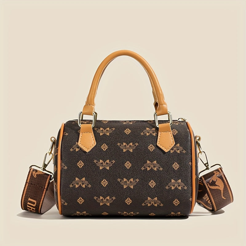 Sac vintage géométrique – sac élégant bicolore marron et blanc, bandoulière réglable, fermeture éclair, design rétro chic