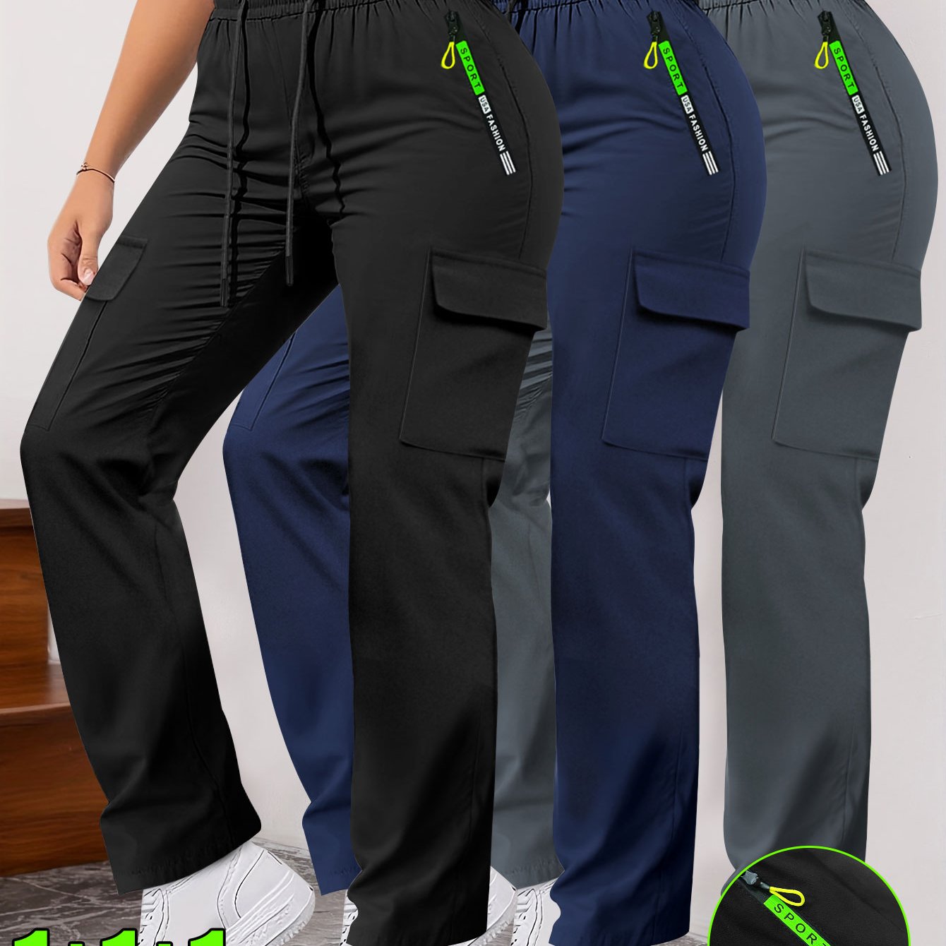 Lot de 3 Pantalons Femme– Poches Zippées et Cargo, Robustes, Sans Extensibilité, Printemps/Automne