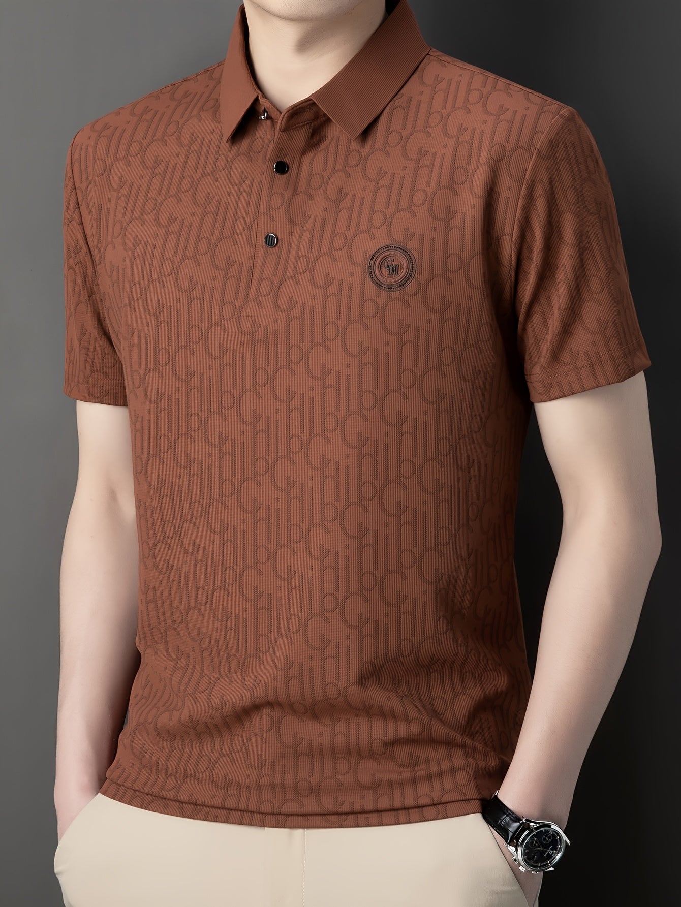 Men'S Breathable Summer Graphic T-Shirt - Short Sleeve, Button-Up Collar, Casual Streetwear with Stylish "H" Print Design, Lightweight Polyester Fabric for Golf, Tennis & Weekend Outing