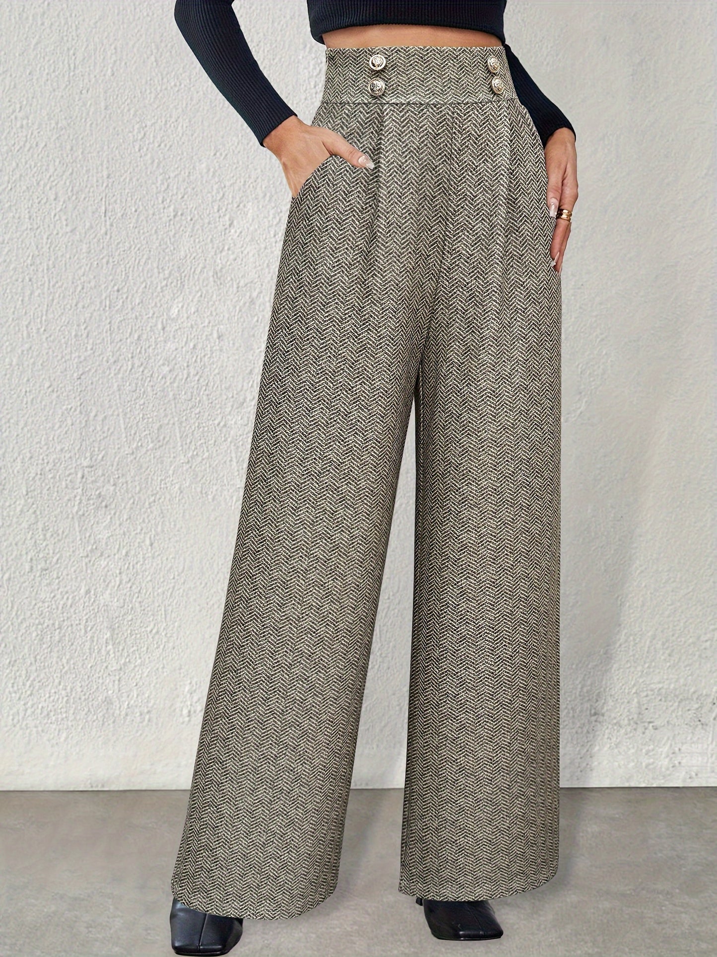 Pantalon Femme Élégant Taille Haute – Jambe Large, Motif Pied-de-Poule, Double Boutonnage, Beige et Noir, Bureau et Décontracté