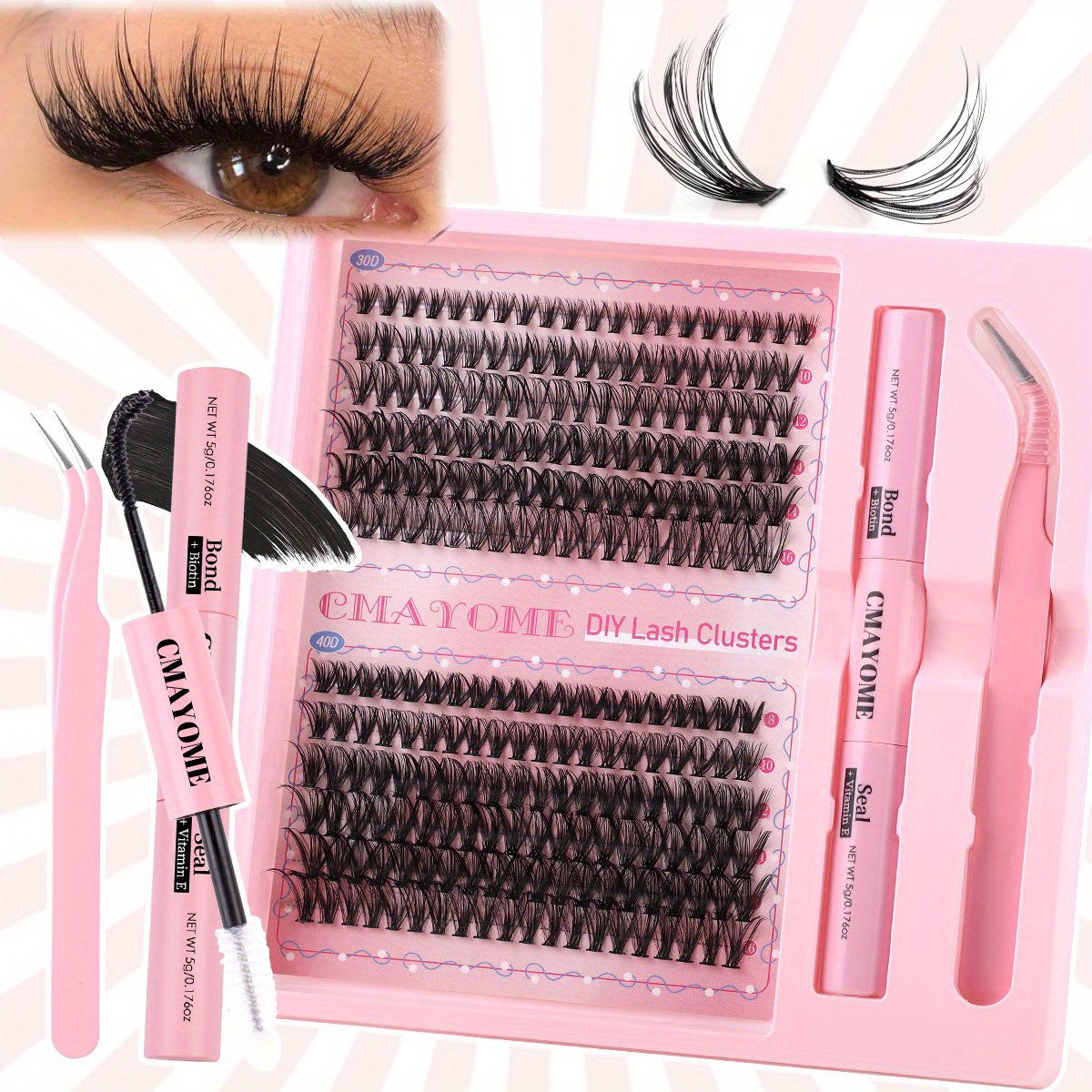 Kit d’extensions de cils DIY – cils naturels style fairy 30D/40D/50D/60D, longueurs mixtes 10-16 mm, courbure D, effet agrandissant les yeux, cils cartoon naturels, colle scellée et pince incluse