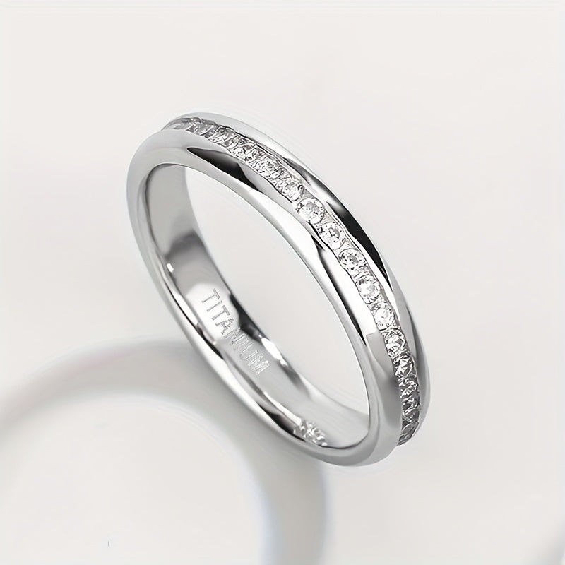 1pc 4mm Wide Round Arc Cubic Synthetic Zirconia Ring, Never Fade Titanium Steel Material Women's Trendy Wedding Engagement Jewelry Gift