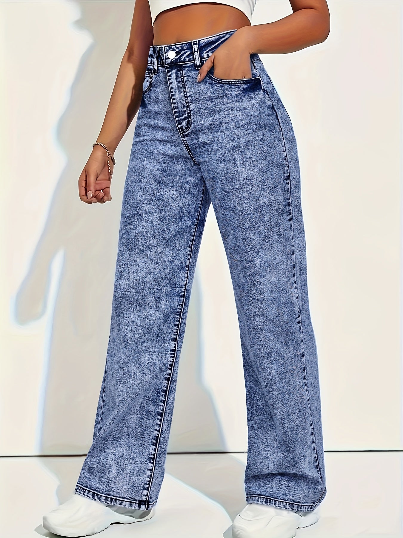 Jean Femme Droite à Motif Flocon – Denim Extensible, Détails Effilochés, Confort Tout-Saison