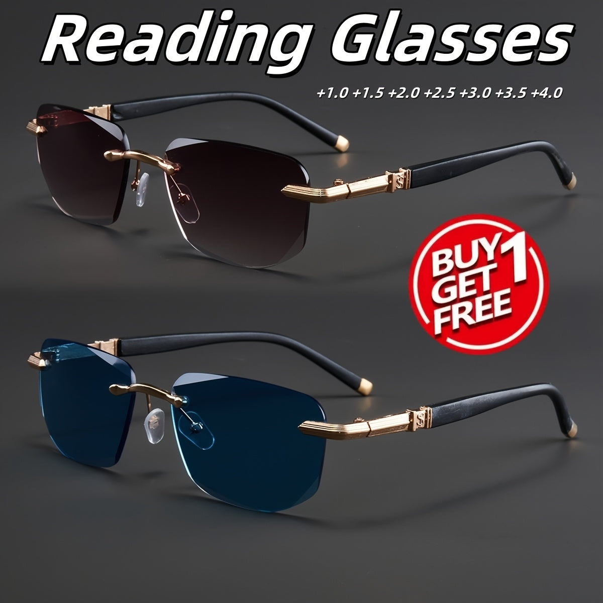 Two Pairs, Bundled Set, Stylish, Men'S, Exquisite, Luxurious, Rimless, Beveled Edge, Reading Glasses, Metal Frame, Options: 100, 150, 200, 250, 300, 350, And 400 Degrees, Without Battery, Christmas Gifts