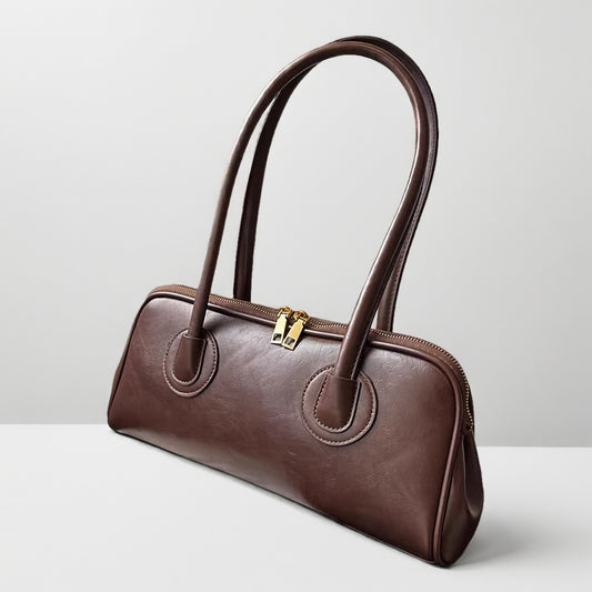 Sac épaule vintage pour femmes – style baguette français chic automne/hiver 2025, doublure polyester, fermeture zippée, marron foncé élégant avec ferrures dorées, polyvalent et sécurisé pour voyages