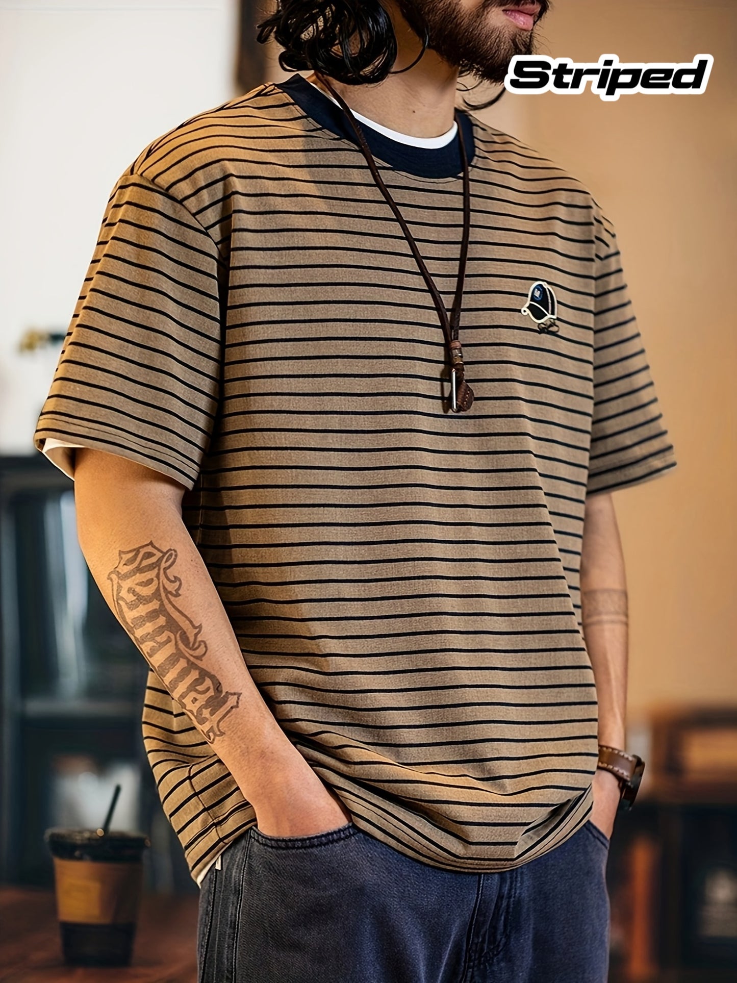 Men&Apos;S Casual Streetwear T-Shirt - Brown & White Striped, Crew Neck, Short Sleeve, Embroidered Logo, Loose Fit, Blend, Casual Summer Top|Striped Tee|Embroidered Detail