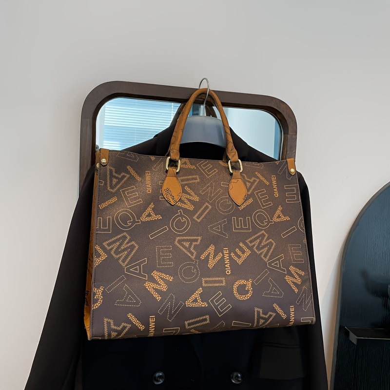 Sac Cabas Femme en Cuir Synthétique Élégant – Fermeture Éclair, Marron Café avec Motif Lettres Stylé et Poignée en Bois, Parfait pour Usage Quotidien | Sac à Épaule Chic | Design Sophistiqué