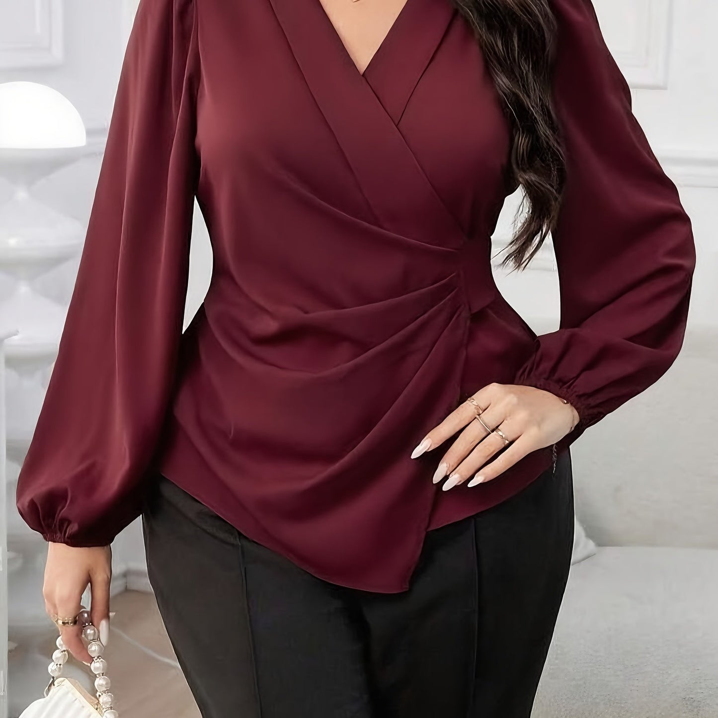Chemise Femme Grande Taille Élégante – Manches Lanterne, Col V, Ourlet Asymétrique, Sans Extensibilité