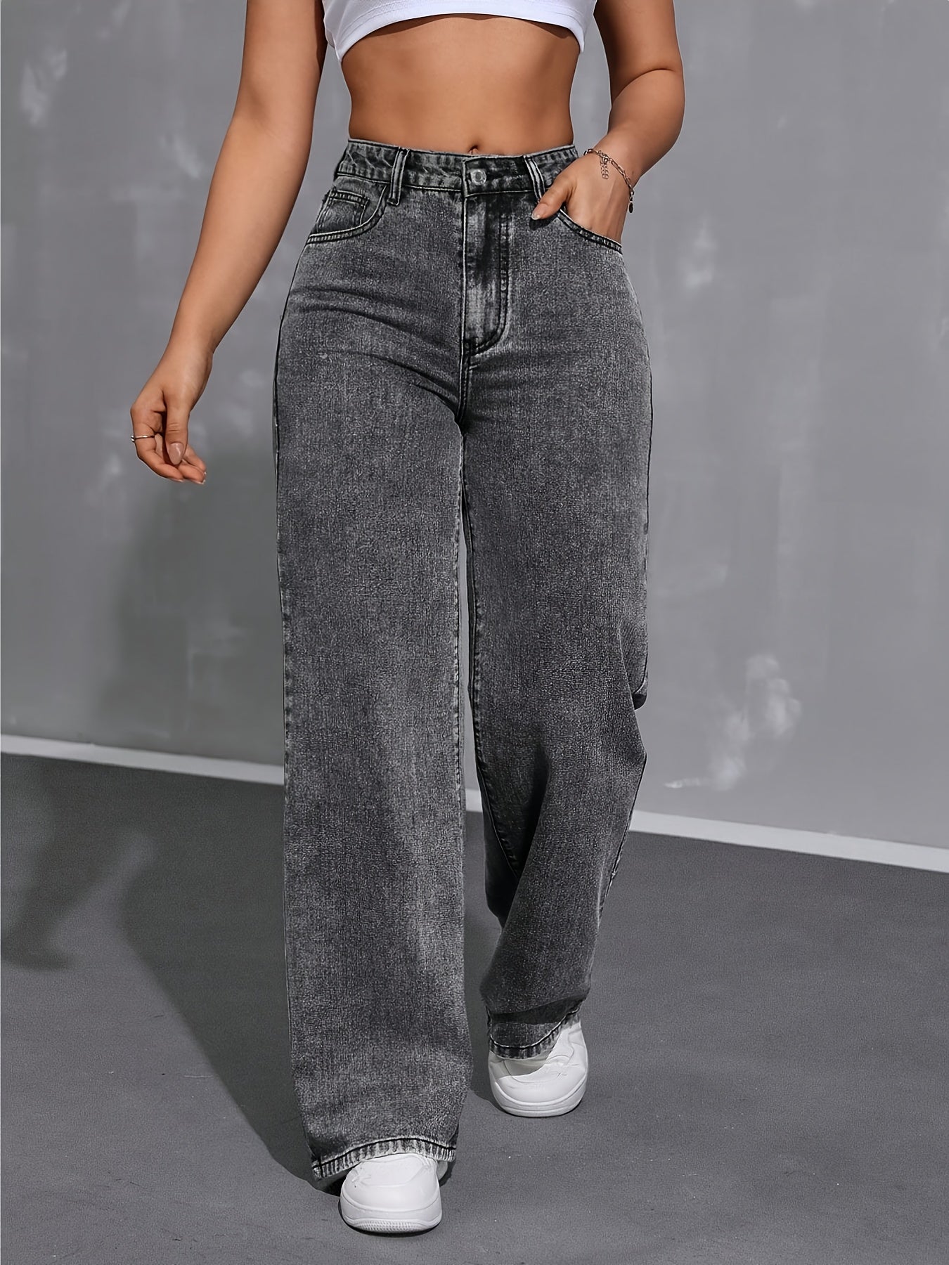 Jeans Femme Taille Haute Vintage Jambe Large Non Transparent Fermeture Zippée Taille Mi-Haute Poches Toute Saison