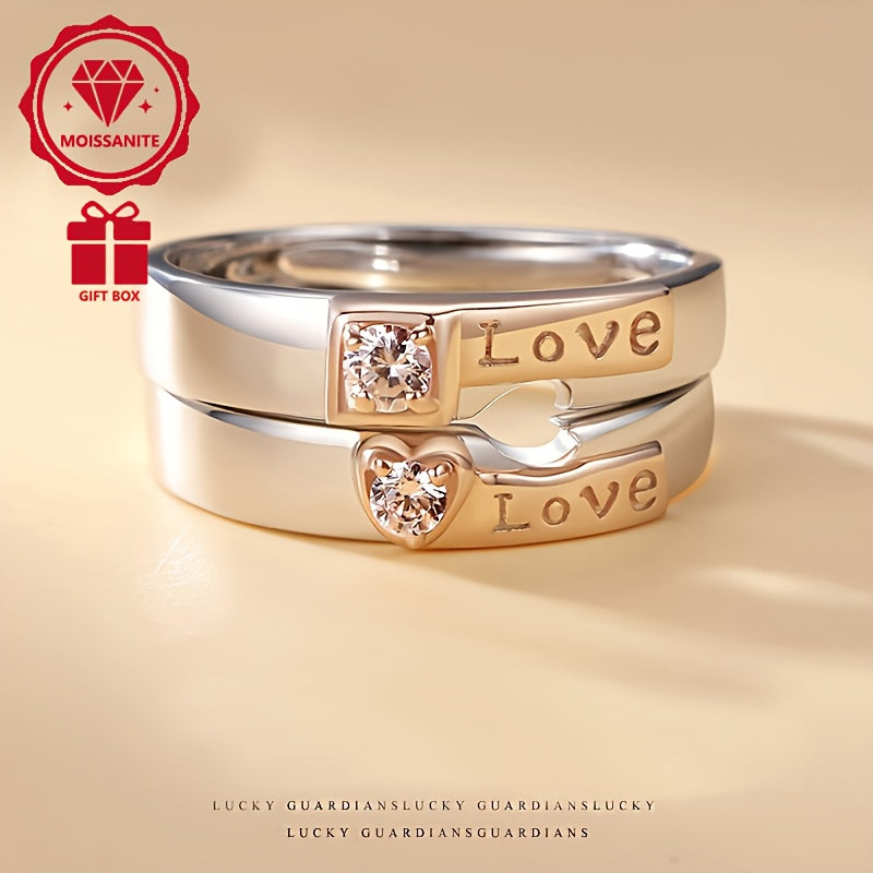 1ct Moissanite S925 Silver Plated Couple Rings, Elegant Bohemian Style, Heart-Shaped LOVE Design, Valentine'S Day Gift, Music Festival Accessory, Spring Season Jewelry, Copper Material, with Gift Box, Couple Ring, Engagement