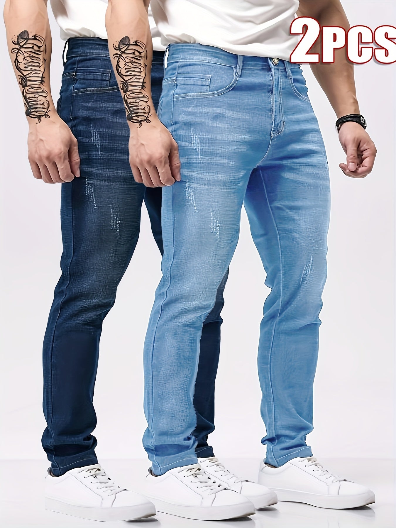 Lot de 2 jeans skinny homme – Style casual, tissu légèrement extensible, couleur unie, longueur normale, toutes saisons avec poches