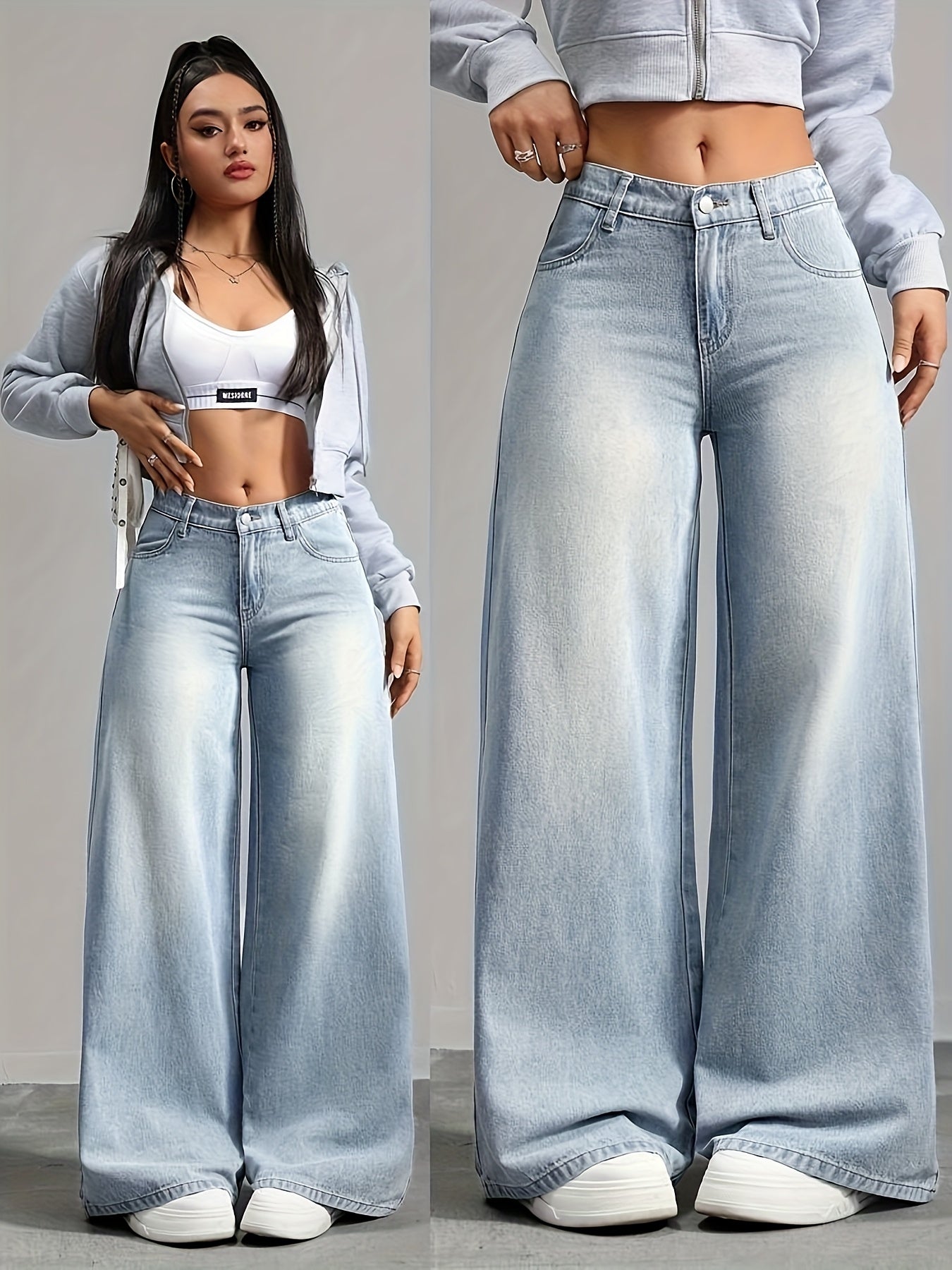 Jeans Femme Décontracté – Jambe Droite, Effet Usé